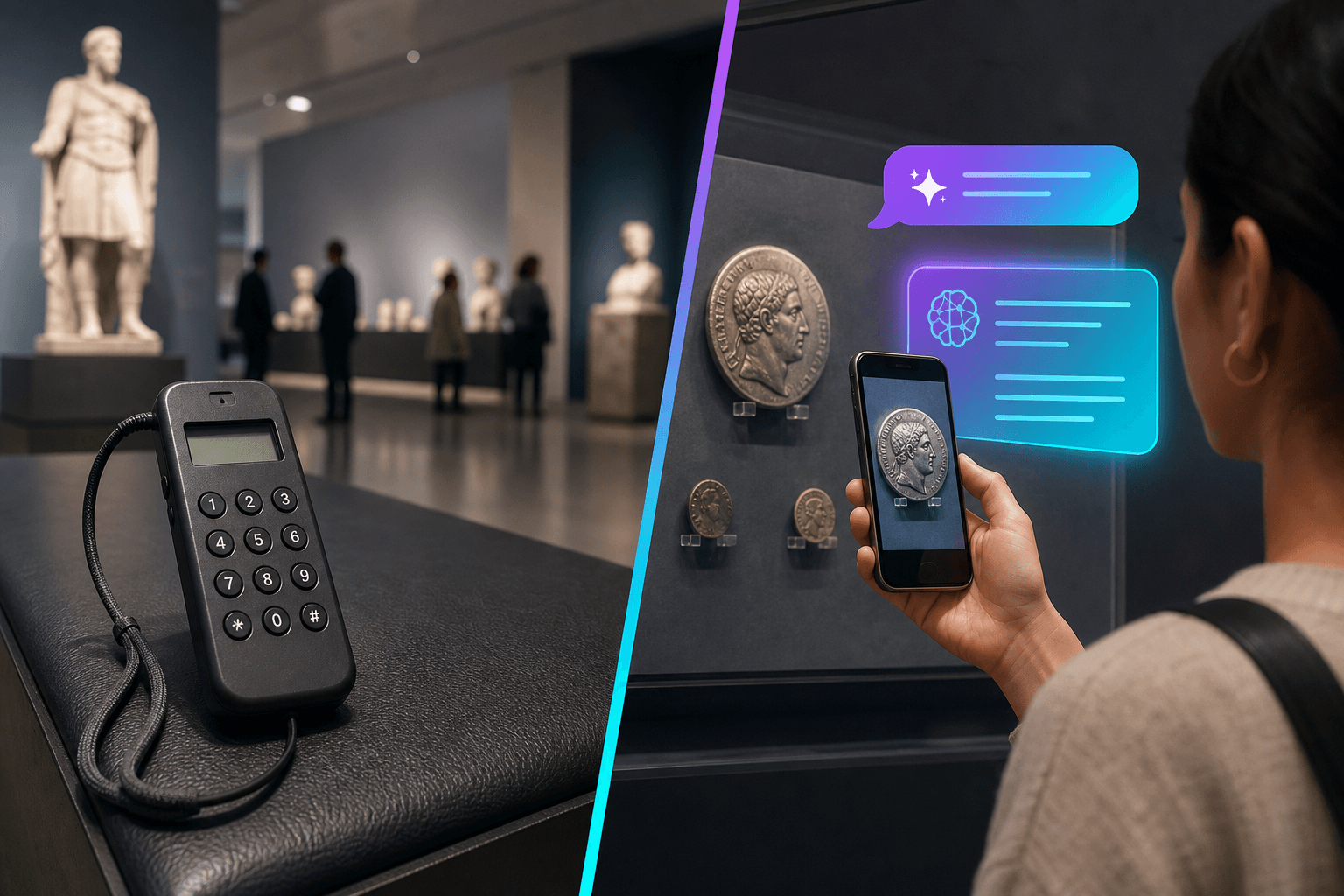 Split-scene comparison of a dated museum audio guide handset and a visitor using a smartphone to discover an exhibit with AI dialogue