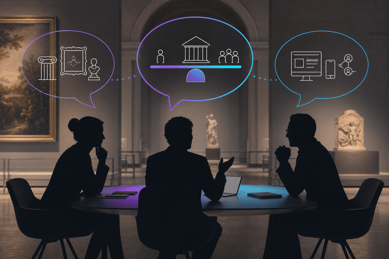 Editorial illustration of museum professionals debating AI governance around a gallery table with contrasting viewpoints
