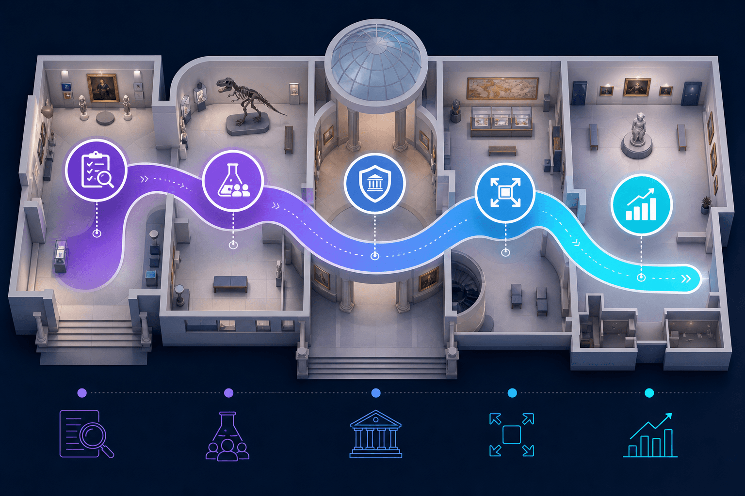 Infographic-style roadmap through museum digital transformation stages from assess to pilot to govern to scale to measure